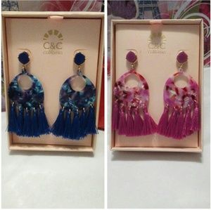 C&C California Acrylic /w Fringe Drop Earrings-Fuschia & Cobalt Blue -Post- NWOT